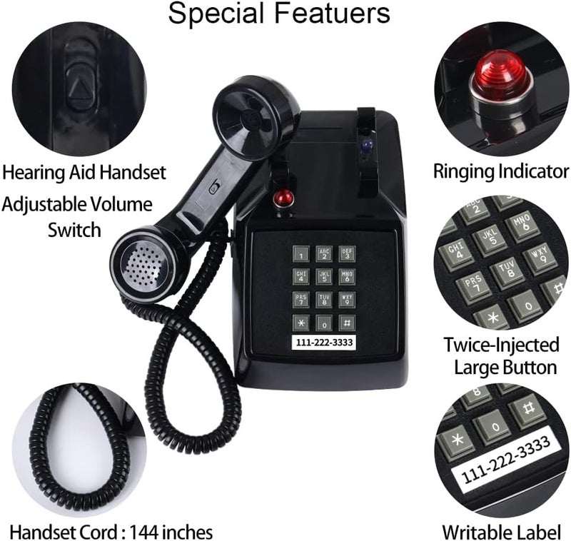 HTMengt Retro Traditional Landline Phone (Ringing Indicator), Classic 2500 Analog Desk Phone Hearing Aid for Elder, Vintage Corded Desk Telephone for Landline Large Button,Old School Phone Home,Black - Image 5